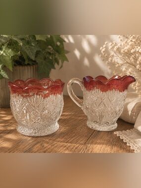 Set of two pieces: sugar bowl and creamer in Ruby flash glass